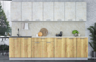 Кухонный гарнитур Интерлиния Мила Лайт 2.8 (бетон лайт/дуб золотой/опал светлый)