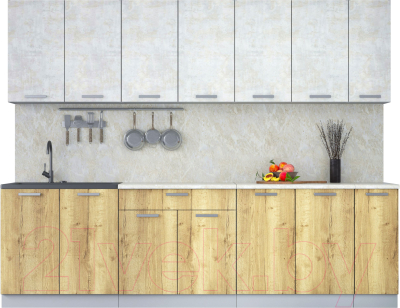 Кухонный гарнитур Интерлиния Мила Лайт 2.7 (бетон лайт/дуб золотой/опал светлый) - фото