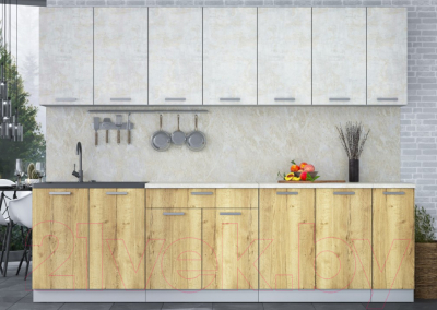 Кухонный гарнитур Интерлиния Мила Лайт 2.7 (бетон лайт/дуб золотой/опал светлый)