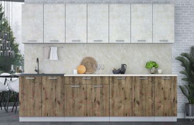 Кухонный гарнитур Интерлиния Мила Лайт 2.8 (бетон лайт/дуб веллингтон/опал светлый)