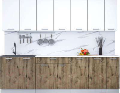 Кухонный гарнитур Интерлиния Мила Лайт 2.7 (белый платинум/дуб веллингтон/белый гранит) - фото