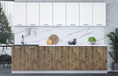 Кухонный гарнитур Интерлиния Мила Лайт 2.8 (белый платинум/дуб веллингтон/белый гранит)