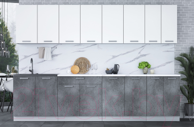 Кухонный гарнитур Интерлиния Мила Лайт 3.0 (белый платинум/бетон портленд/белый гранит)