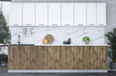 Кухонный гарнитур Интерлиния Мила Лайт 3.0 (белый платинум/дуб веллингтон/белый гранит)