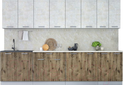 Кухонный гарнитур Интерлиния Мила Лайт 3.0 (бетон лайт/дуб веллингтон/опал светлый) - фото