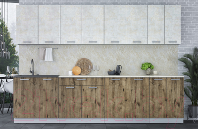 Кухонный гарнитур Интерлиния Мила Лайт 3.0 (бетон лайт/дуб веллингтон/опал светлый)