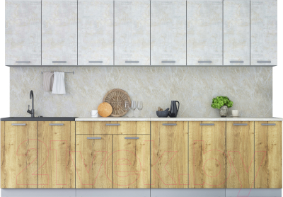 Кухонный гарнитур Интерлиния Мила Лайт 3.0 (бетон лайт/дуб золотой/опал светлый) - фото
