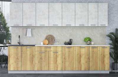 Кухонный гарнитур Интерлиния Мила Лайт 3.0 (бетон лайт/дуб золотой/опал светлый)