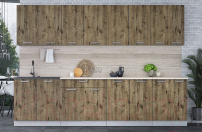 Кухонный гарнитур Интерлиния Мила Лайт 3.0 (дуб веллингтон/дуб веллингтон/травертин серый)