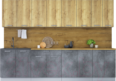 Кухонный гарнитур Интерлиния Мила Лайт 3.0 (дуб золотой/бетон портленд/дуб бунратти) - фото