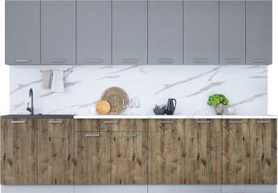 Кухонный гарнитур Интерлиния Мила Лайт 3.0 (серебристый/дуб веллингтон/белый гранит) - фото