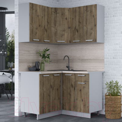 Кухонный гарнитур Интерлиния Мила Лайт 1.2x1.2 (дуб веллингтон/дуб веллингтон/травертин серый)