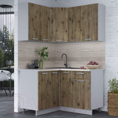 Кухонный гарнитур Интерлиния Мила Лайт 1.2x1.3 (дуб веллингтон/дуб веллингтон/травертин серый)