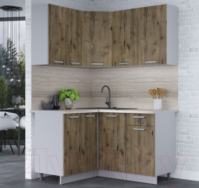 Кухонный гарнитур Интерлиния Мила Лайт 1.2x1.4 (дуб веллингтон/дуб веллингтон/травертин серый)