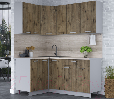 Кухонный гарнитур Интерлиния Мила Лайт 1.2x1.7 (дуб веллингтон/дуб веллингтон/травертин серый)