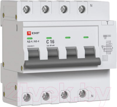 Дифференциальный автомат EKF АД-4 4P C 16А/30мА тип AC 6кА / DA4-6-16-30-pro - фото