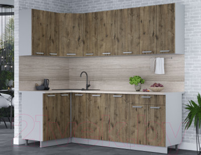 Кухонный гарнитур Интерлиния Мила Лайт 1.2x2.3 (дуб веллингтон/дуб веллингтон/травертин серый)