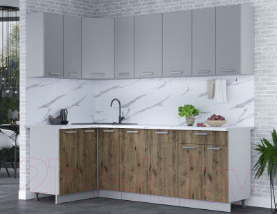 Кухонный гарнитур Интерлиния Мила Лайт 1.2x2.3 (серебро/дуб веллингтон/белый гранит)