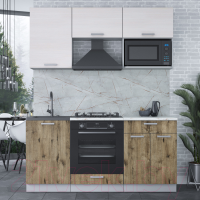 Кухонный гарнитур Интерлиния Мила Лайт 1.7 ВТ (вудлайн кремовый/дуб веллингтон/серый каспий)