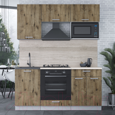 Кухонный гарнитур Интерлиния Мила Лайт 1.7 ВТ (дуб веллингтон/дуб веллингтон/травертин серый)