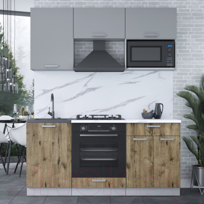 Кухонный гарнитур Интерлиния Мила Лайт 1.7 ВТ (серебро/дуб веллингтон/белый гранит)