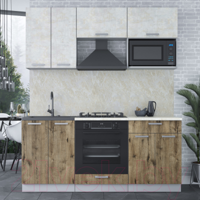 Кухонный гарнитур Интерлиния Мила Лайт 1.8 ВТ (бетон лайт/дуб веллингтон/опал светлый)