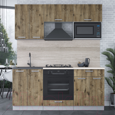 Кухонный гарнитур Интерлиния Мила Лайт 1.8 ВТ (дуб веллингтон/дуб веллингтон/травертин серый)