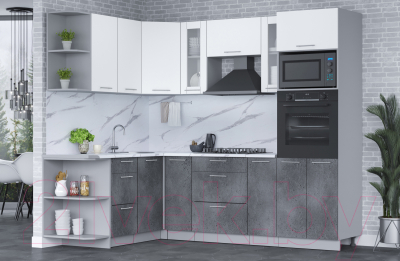 Кухонный гарнитур Интерлиния Мила 1.68x2.4 левая (белый платинум/бетон портленд/белый гранит)