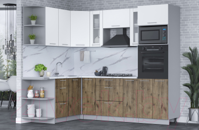 Кухонный гарнитур Интерлиния Мила 1.68x2.4 левая (белый платинум/дуб веллингтон/белый гранит)