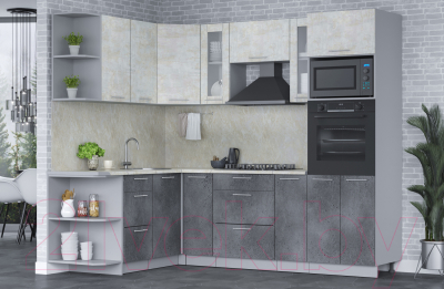 Кухонный гарнитур Интерлиния Мила 1.68x2.4 левая (бетон лайт/бетон портленд/опал светлый)