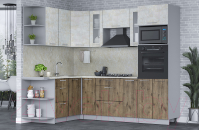 Кухонный гарнитур Интерлиния Мила 1.68x2.4 левая (бетон лайт/дуб веллингтон/опал светлый)