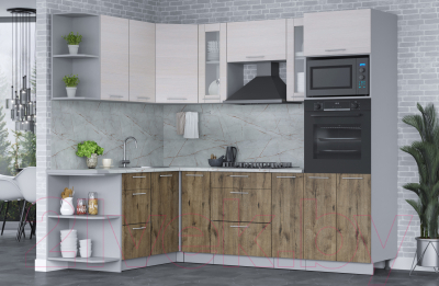 Кухонный гарнитур Интерлиния Мила 1.68x2.4 левая (вудлайн кремовый/дуб веллингтон/серый каспий)