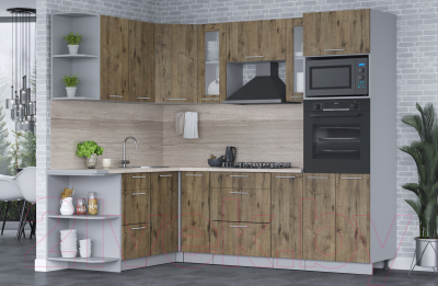 Кухонный гарнитур Интерлиния Мила 1.68x2.4 левая (дуб веллингтон/дуб веллингтон/травертин серый)