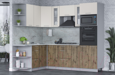 Кухонный гарнитур Интерлиния Мила 1.68x2.4 левая (персидский жемчуг/дуб веллингтон/серый каспий)