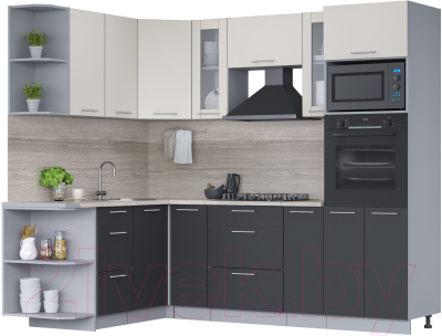 Кухонный гарнитур Интерлиния Мила 1.68x2.4 левая (персидский жемчуг/антрацит/травертин серый) - фото