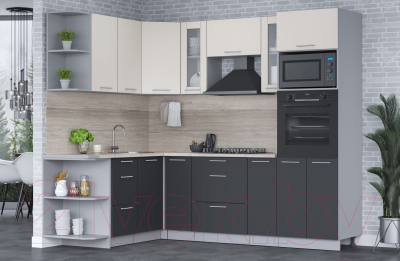 Кухонный гарнитур Интерлиния Мила 1.68x2.4 левая (персидский жемчуг/антрацит/травертин серый)