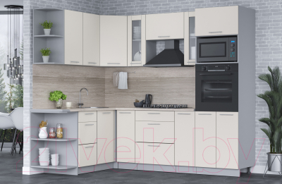 Кухонный гарнитур Интерлиния Мила 1.68x2.4 левая (персидский жемчуг/персидский жемчуг/травертин серый)