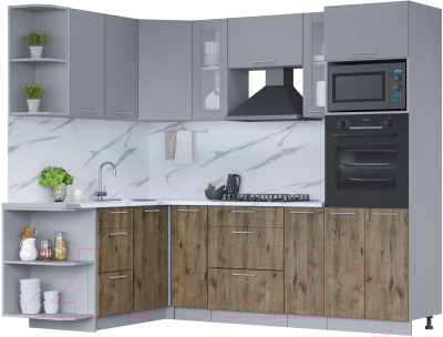 Кухонный гарнитур Интерлиния Мила 1.68x2.4 левая (серебро/дуб веллингтон/белый гранит) - фото