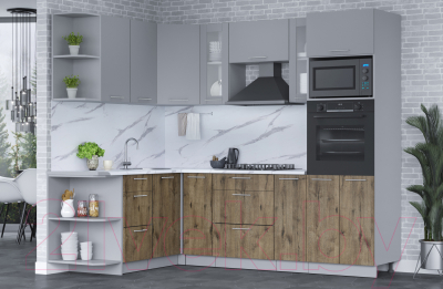 Кухонный гарнитур Интерлиния Мила 1.68x2.4 левая (серебро/дуб веллингтон/белый гранит)