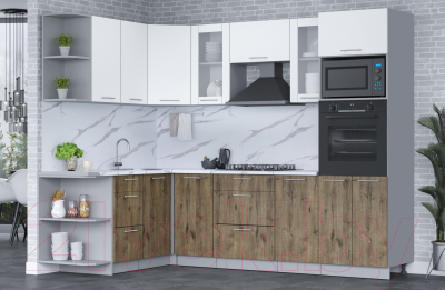 Кухонный гарнитур Интерлиния Мила 1.68x2.6 левая (белый платинум/дуб веллингтон/белый гранит)