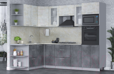 Кухонный гарнитур Интерлиния Мила 1.68x2.6 левая (бетон лайт/бетон портленд/опал светлый)