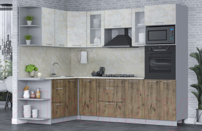 Кухонный гарнитур Интерлиния Мила 1.68x2.6 левая (бетон лайт/дуб веллингтон/опал светлый)