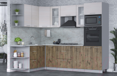 Кухонный гарнитур Интерлиния Мила 1.68x2.6 левая (вудлайн кремовый/дуб веллингтон/серый каспий)