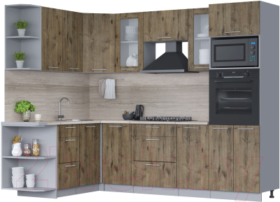 Кухонный гарнитур Интерлиния Мила 1.68x2.6 левая (дуб веллингтон/дуб веллингтон/травертин серый) - фото