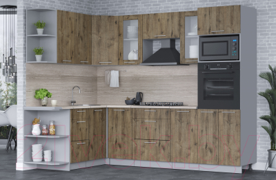 Кухонный гарнитур Интерлиния Мила 1.68x2.6 левая (дуб веллингтон/дуб веллингтон/травертин серый)