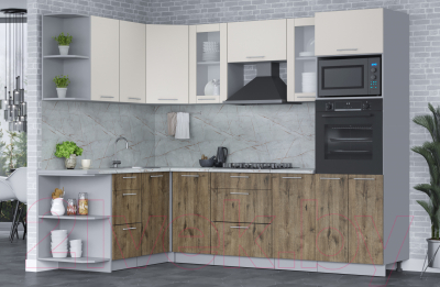 Кухонный гарнитур Интерлиния Мила 1.68x2.6 левая (персидский жемчуг/дуб веллингтон/серый каспий)