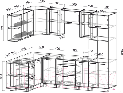 Кухонный гарнитур Интерлиния Мила 1.68x2.6 левая (персидский жемчуг/дуб веллингтон/серый каспий)