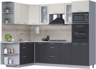 Кухонный гарнитур Интерлиния Мила 1.68x2.6 левая (персидский жемчуг/антрацит/травертин серый) - фото