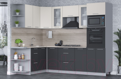 Кухонный гарнитур Интерлиния Мила 1.68x2.6 левая (персидский жемчуг/антрацит/травертин серый)