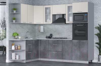 Кухонный гарнитур Интерлиния Мила 1.68x2.6 левая (персидский жемчуг/бетон портленд/серый каспий)